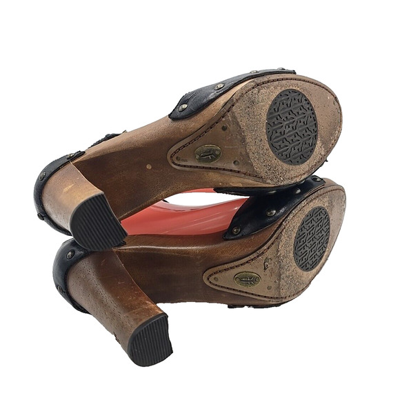 Frye Dolly Black Leather Jeweled T-Strap Boho Wooden High Heels Womans Size 9 - Picture 6 of 9